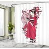 Ambesonne Cartoon Shower Curtain, Forest Secret Swing Old Tree Curly Half Moon Shaped Lamps Butterflies Print, Cloth Fabric Bathroom Decor Set with Hooks, 69″ W x 75″ L, Brown Khaki(Fuchsia White)