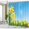 Ambesonne Cartoon Shower Curtain, Forest Secret Swing Old Tree Curly Half Moon Shaped Lamps Butterflies Print, Cloth Fabric Bathroom Decor Set with Hooks, 69″ W x 75″ L, Brown Khaki(Green Yellow)