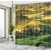 Ambesonne Cartoon Shower Curtain, Forest Secret Swing Old Tree Curly Half Moon Shaped Lamps Butterflies Print, Cloth Fabric Bathroom Decor Set with Hooks, 69″ W x 75″ L, Brown Khaki(Green and Khaki)