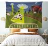 Ambesonne Cartoon Tapestry, Farm Warehouse Grass Fences Cow Alien Abduction Funny Comics Image Art Print, Fabric Wall Hanging Decor for Bedroom Living Room Dorm, 45″ X 30″, Brown Green