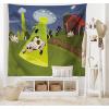 Ambesonne Cartoon Tapestry, Farm Warehouse Grass Fences Cow Alien Abduction Funny Comics Image Art Print, Fabric Wall Hanging Decor for Bedroom Living Room Dorm, 45″ X 30″, Brown Green