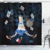 Ambesonne Alice in Wonderland Shower Curtain, Grown Giant Girl Sitting Flying Cards and Rose Checkered Cartoon, Cloth Fabric Bathroom Decor Set with Hooks, 69″ W x 75″ L, Dark Blue Charcoal Grey