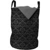 Ambesonne Dark Grey Laundry Bag, Black Damask and Floral Elements Oriental Antique Ornament Vintage, Hamper Basket with Handles Drawstring Closure for Laundromats, 13″ x 19″, Black Grey