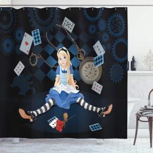 Ambesonne Alice in Wonderland Shower Curtain, Grown Giant Girl Sitting Flying Cards and Rose Checkered Cartoon, Cloth Fabric Bathroom Decor Set with Hooks, 69″ W x 75″ L, Dark Blue Charcoal Grey