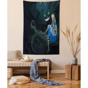 Ambesonne Alice in Wonderland Tapestry, Alice Sitting on Branch and Chescire Cat in Darkness Cartoon Style, Wall Hanging for Bedroom Living Room Dorm Decor, 40″ X 60″, Dark Green