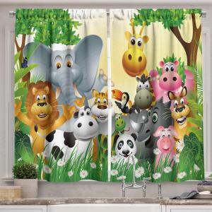 Ambesonne Animal Kitchen Curtains, Animals in Jungle Elephant Giraffe Panda Bear Pig Lion Hippo Rhino Cartoon Art, Window Drapes 2 Panel Set for Kitchen Cafe Decor, 55″ x 39″, Yellow Pastel