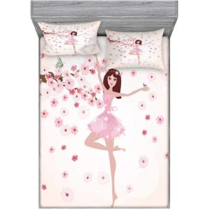 Ambesonne Cartoon Fitted Sheet & Pillow Sham Set, Funny Monkey Hanging from Tree and Holding Banana Jungle Animals Theme Print, Decorative Printed 2 Piece Bedding Decor Set, Twinxl, Chocolate White(Peach Rose)