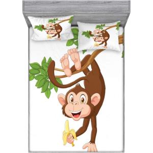Ambesonne Cartoon Fitted Sheet & Pillow Sham Set, Funny Monkey Hanging from Tree and Holding Banana Jungle Animals Theme Print, Decorative Printed 2 Piece Bedding Decor Set, Twinxl, Chocolate White(Chocolate White)