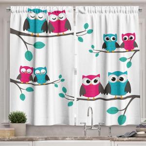 Ambesonne Cartoon Kitchen Curtains, Couples of Owls Sitting on Spring Branches Funny Characters, Window Drapes 2 Panel Set for Kitchen Cafe Decor, 55″ x 39″, Pink Turquoise