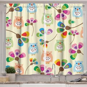 Ambesonne Cartoon Kitchen Curtains, Design Owls with Flowers Leaves Branches Design for Kid Nursery Room Landscape, Window Drapes 2 Panel Set for Kitchen Cafe Decor, 55″ x 39″, Pastel Beige