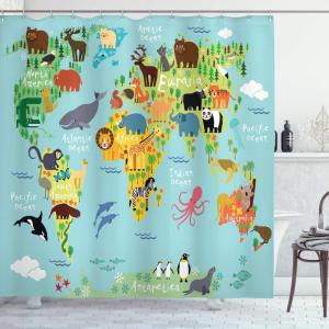 Ambesonne Cartoon Shower Curtain, Animal Map of The World for Cartoon Mountains Forests Happy Atlas, Cloth Fabric Bathroom Decor Set with Hooks, 69″ W x 84″ L, Yellow Green and Pale Blue(Yellow Green and Pale Blue)