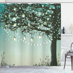 Ambesonne Cartoon Shower Curtain, Forest Secret Swing Old Tree Curly Half Moon Shaped Lamps Butterflies Print, Cloth Fabric Bathroom Decor Set with Hooks, 69″ W x 75″ L, Brown Khaki(Yellow and Green)