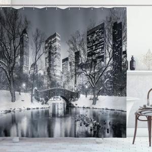 Ambesonne Cartoon Shower Curtain, Forest Secret Swing Old Tree Curly Half Moon Shaped Lamps Butterflies Print, Cloth Fabric Bathroom Decor Set with Hooks, 69″ W x 75″ L, Brown Khaki(Dimgrey)
