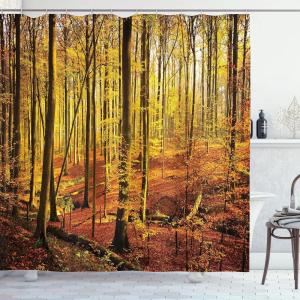 Ambesonne Cartoon Shower Curtain, Forest Secret Swing Old Tree Curly Half Moon Shaped Lamps Butterflies Print, Cloth Fabric Bathroom Decor Set with Hooks, 69″ W x 75″ L, Brown Khaki(Orange Yellow)