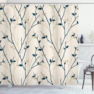 Ambesonne Cartoon Shower Curtain, Forest Secret Swing Old Tree Curly Half Moon Shaped Lamps Butterflies Print, Cloth Fabric Bathroom Decor Set with Hooks, 69″ W x 75″ L, Brown Khaki(Beige Dusk)