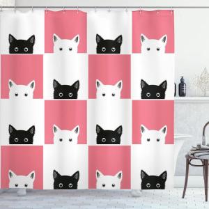 Ambesonne Cartoon Shower Curtain, Forest Secret Swing Old Tree Curly Half Moon Shaped Lamps Butterflies Print, Cloth Fabric Bathroom Decor Set with Hooks, 69″ W x 75″ L, Brown Khaki(White Black Pink)