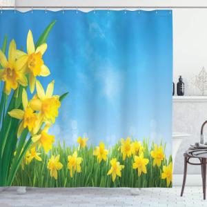 Ambesonne Cartoon Shower Curtain, Forest Secret Swing Old Tree Curly Half Moon Shaped Lamps Butterflies Print, Cloth Fabric Bathroom Decor Set with Hooks, 69″ W x 75″ L, Brown Khaki(Green Yellow)