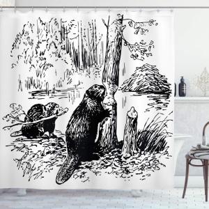 Ambesonne Cartoon Shower Curtain, Forest Secret Swing Old Tree Curly Half Moon Shaped Lamps Butterflies Print, Cloth Fabric Bathroom Decor Set with Hooks, 69″ W x 75″ L, Brown Khaki(Black White)