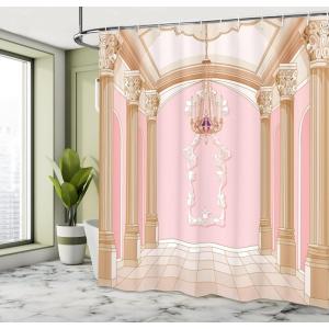 Ambesonne Cartoon Shower Curtain, Interior of The Ballroom Magic Castle Chandelier Ceiling Columns Kingdom Print, Cloth Fabric Bathroom Decor Set with Hooks, 69″ W x 70″ L, Pink Beige