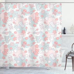Ambesonne Cartoon Shower Curtain, Styled Cats Bats and Skulls Japanese Inspired Kawaii Design, Cloth Fabric Bathroom Decor Set with Hooks, 69″ W x 70″ L, Light Pink