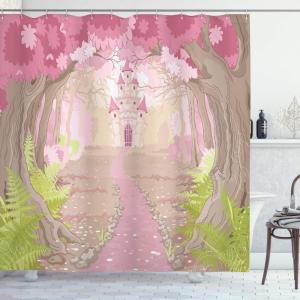 Ambesonne Cartoon Shower Curtain, Tale Castle Scenery in Floral Garden Girls Fantasy Picture, Cloth Fabric Bathroom Decor Set with Hooks, 69″ W x 70″ L, Pink Blue(Beige Green Pink)