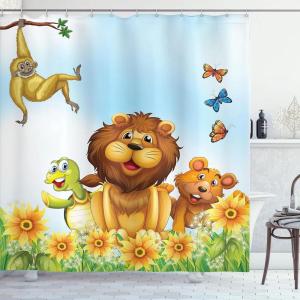 Ambesonne Cartoon Shower Curtain, Tale Castle Scenery in Floral Garden Girls Fantasy Picture, Cloth Fabric Bathroom Decor Set with Hooks, 69″ W x 70″ L, Pink Blue(Orange Blue Yellow)