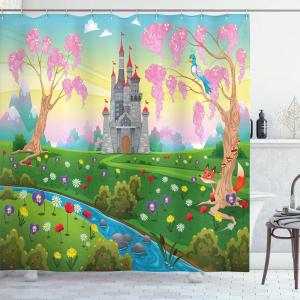 Ambesonne Cartoon Shower Curtain, Tale Castle Scenery in Floral Garden Girls Fantasy Picture, Cloth Fabric Bathroom Decor Set with Hooks, 69″ W x 70″ L, Pink Blue(Pink Blue)