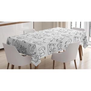 Ambesonne Cartoon Tablecloth, Black and White Doodle Style Various States Running Sleeping Eating, Rectangular Table Cover for Dining Room Kitchen Decor, 60″ X 84″, Black White