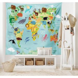 Ambesonne Cartoon Tapestry, Animal Map of the World for Cartoon Mountains Forests Happy Atlas, Fabric Wall Hanging Decor for Bedroom Living Room Dorm, 45″ X 30″, Yellow Green and Pale Blue