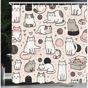 Ambesonne Cat Shower Curtain, Simplistic Drawn Kitties Sitting Laying with Pastel Colors Cartoon Illustration, Cloth Fabric Bathroom Decor Set with Hooks, 69″ W x 70″ L, Rose and Pale Grey