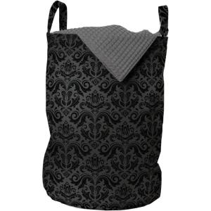 Ambesonne Dark Grey Laundry Bag, Black Damask and Floral Elements Oriental Antique Ornament Vintage, Hamper Basket with Handles Drawstring Closure for Laundromats, 13″ x 19″, Black Grey