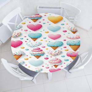 Ambesonne Ice Cream Fitted Round Tablecloth, Delicate Pattern of Colorful Design Dots and Hearts on Plain Back Cartoon, All Around Elastic Fabric Table Cover, 40″- 44″ Diameter, Pink Blue Apricot(Pink Blue Apricot)