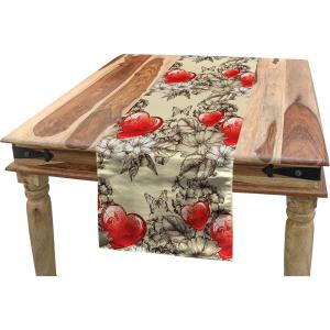 Ambesonne Love Table Runner, Pattern Valentine’s Day with Flowers and Butterfly Holiday Love Antiquity Vintage, Rectangle Scarf for Dining Room Kitchen Table Setting Decor, 12″ X 72″, Beige Brown Red(Beige Brown Red)