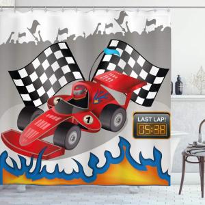 Ambesonne Manly Shower Curtain, Cartoon Hot-Rod Truck Antique Old Model Automobile Transport Nostalgia Illustration, Cloth Fabric Bathroom Decor Set with Hooks, 69″ W x 70″ L, Orange Black(Red Black)