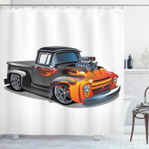 Ambesonne Manly Shower Curtain, Cartoon Hot-Rod Truck Antique Old Model Automobile Transport Nostalgia Illustration, Cloth Fabric Bathroom Decor Set with Hooks, 69″ W x 70″ L, Orange Black(Orange Black)