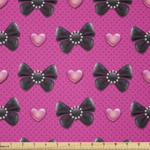 Ambesonne Pearls Fabric by The Yard, Bow Ties with Hearts Feminine Valentines Day Romantic Theme with Dotted Background, Stretch Knit Fabric for Clothing Sewing and Arts Crafts, 1 Yard, Pink Black(Pink Black)