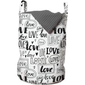 Ambesonne Valentines Day Laundry Bag, Love Words Hand Drawn Like Romantic Message Couples Passion, Hamper Basket with Handles Drawstring Closure for Laundromats, 13″ x 19″, Charcoal Grey and White