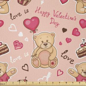 Ambesonne Valentines Fabric by The Yard, Teddy Bears Celebrating Your Happy Valentines Day Cakes Balloons, Stretch Knit Fabric for Clothing Sewing and Arts Crafts, 3 Yards, Coral Brown Peach(Coral Brown Peach)