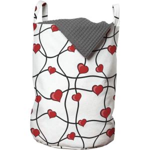 Ambesonne Valentines Laundry Bag, Geometric Themed Illustration with Lines and Hearts Romantic Valentines Day, Hamper Basket with Handles Drawstring Closure for Laundromats, 13″ x 19″, Red Black White