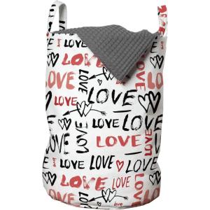 Ambesonne Valentines Laundry Bag, Hand Drawn Love Lettering Doodle Style Design with Brush Stroke Effect, Hamper Basket with Handles Drawstring Closure for Laundromats, 13″ x 19″, Black Red White