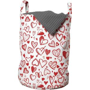 Ambesonne Valentines Laundry Bag, Red and White Pattern with Sketchy Hearts Dots Arrows Romance and Love Theme, Hamper Basket with Handles Drawstring Closure for Laundromats, 13″ x 19″, Scarlet White
