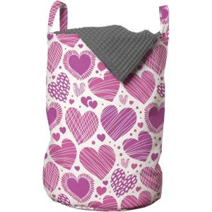 Ambesonne Valentines Laundry Bag, Romantic Heart Shapes with Many Different Designs Polka Dots Crossed Lines, Hamper Basket with Handles Drawstring Closure for Laundromats, 13″ x 19″, Hot Pink White