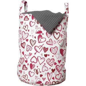 Ambesonne Valentines Laundry Bag, Sketch Drawing Style Hearts in Red and Pink Pattern for Romantic Couples, Hamper Basket with Handles Drawstring Closure for Laundromats, 13″ x 19″, Ruby Pink White