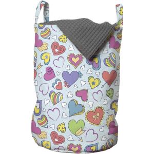 Ambesonne Valentines Laundry Bag, Various Kinds of Hand Drawn Style Colorful Hearts with Wings Arrows and Flowers, Hamper Basket with Handles Drawstring Closure for Laundromats, 13″ x 19″, Multicolor