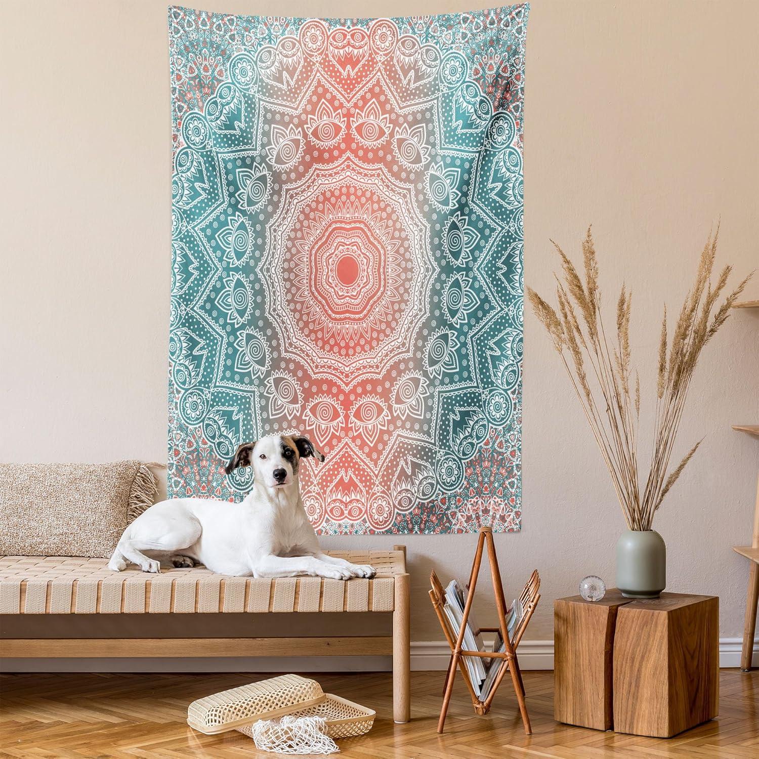 imageAmbesonne Coral and Teal Tapestry Modern Tribal Mandala Tibetan Healing Motif with Floral Geometric Ombre Art Wall Hanging for Bedroom Living Room Dorm Decor 60 X 80 Coral Teal