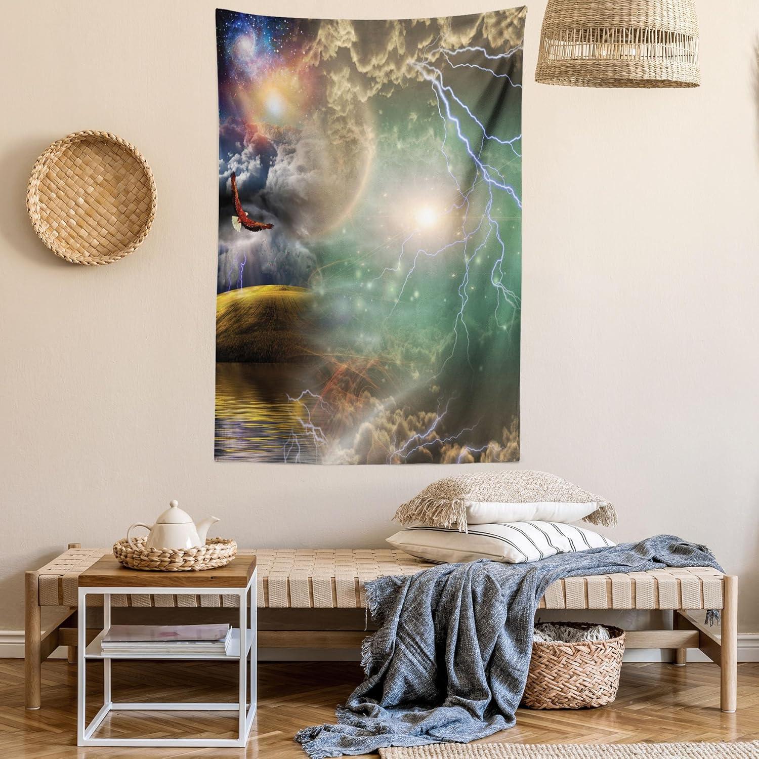 imageAmbesonne Hippie Tapestry Modern Goth Scene of Wingy Skeleton Moon and Roundy Flowers Boho Dreamy Fabric Wall Hanging Decor for Bedroom Living Room Dorm 28 X 23 Eggshell Shamrock GreenPurple Yellow