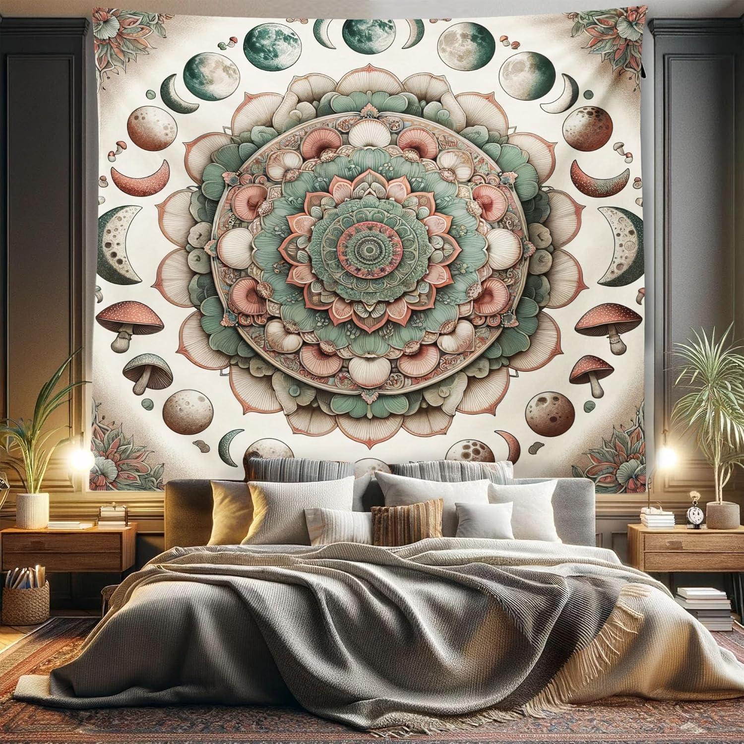 imageAmbesonne Hippie Tapestry Modern Goth Scene of Wingy Skeleton Moon and Roundy Flowers Boho Dreamy Fabric Wall Hanging Decor for Bedroom Living Room Dorm 28 X 23 Eggshell Shamrock GreenPale Mustard Laurel Green