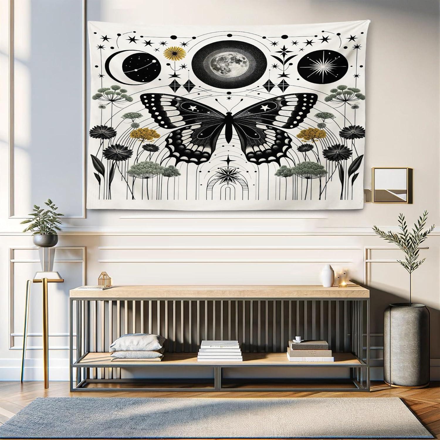 imageAmbesonne Hippie Tapestry Modern Goth Scene of Wingy Skeleton Moon and Roundy Flowers Boho Dreamy Fabric Wall Hanging Decor for Bedroom Living Room Dorm 28 X 23 Eggshell Shamrock GreenCream Dark Grey Green