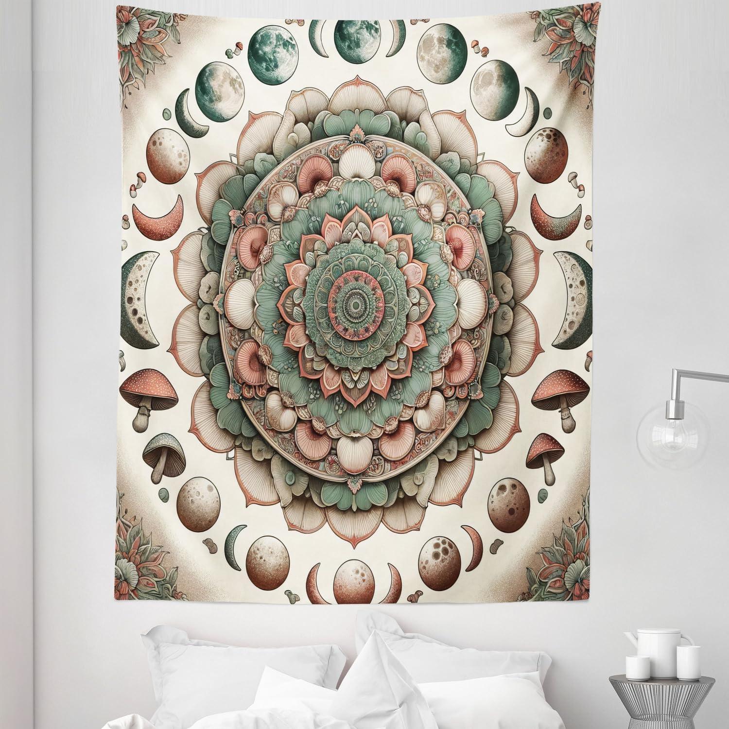 imageAmbesonne Hippie Tapestry Modern Goth Scene of Wingy Skeleton Moon and Roundy Flowers Boho Dreamy Fabric Wall Hanging Decor for Bedroom Living Room Dorm 28 X 23 Eggshell Shamrock GreenPale Mustard Laurel Green