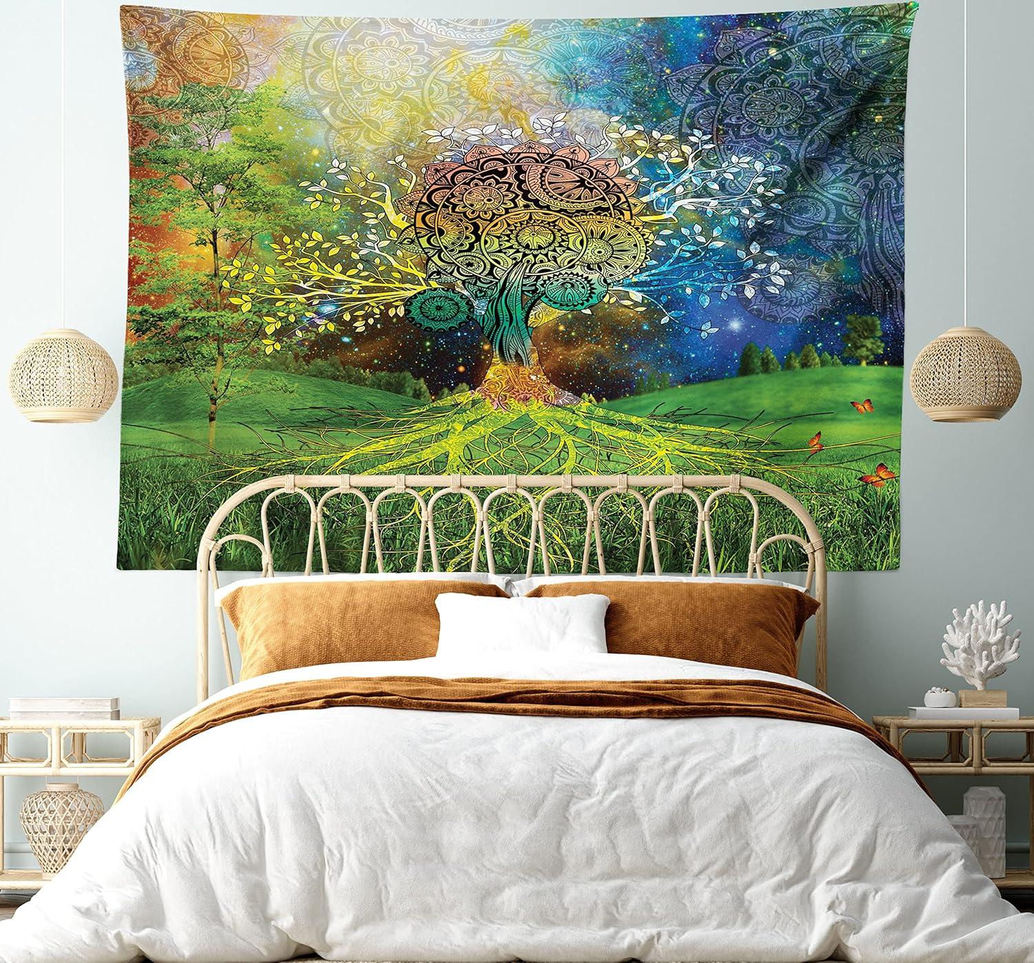imageAmbesonne Hippie Tapestry Modern Goth Scene of Wingy Skeleton Moon and Roundy Flowers Boho Dreamy Fabric Wall Hanging Decor for Bedroom Living Room Dorm 28 X 23 Eggshell Shamrock GreenGreen Blue